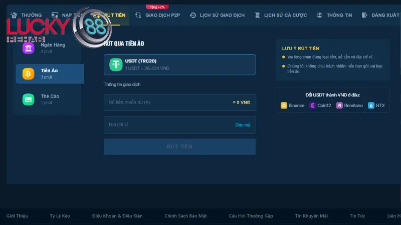 Rút tiền Lucky88 dưới dạng tiền ảo