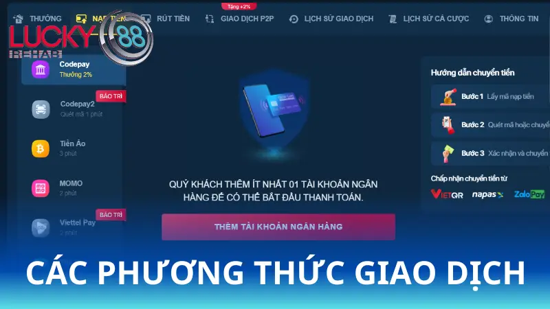 Các phương thức nạp tiền vốn Lucky88