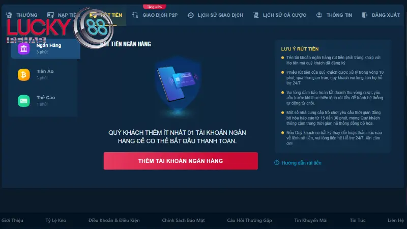 Hướng dẫn rút tiền bằng chuyển khoản ngân hàng tại Lucky88