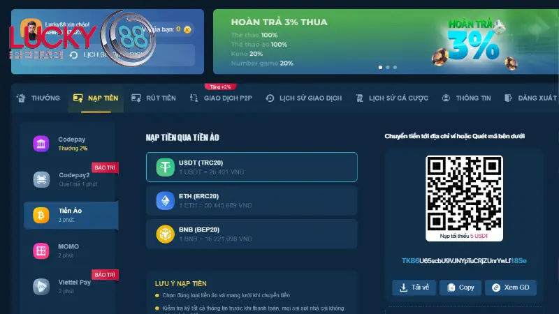 Hướng dẫn chi tiết các bước nạp tiền Lucky88