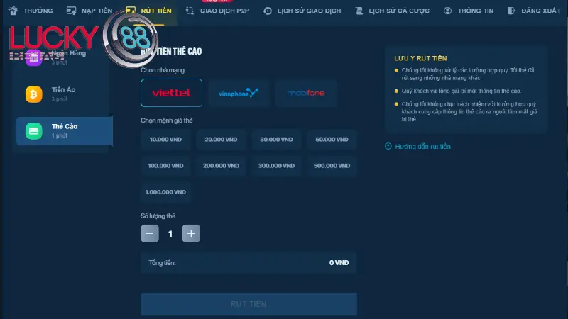 Hướng dẫn chi tiết rút tiền Lucky88 bằng thẻ cào