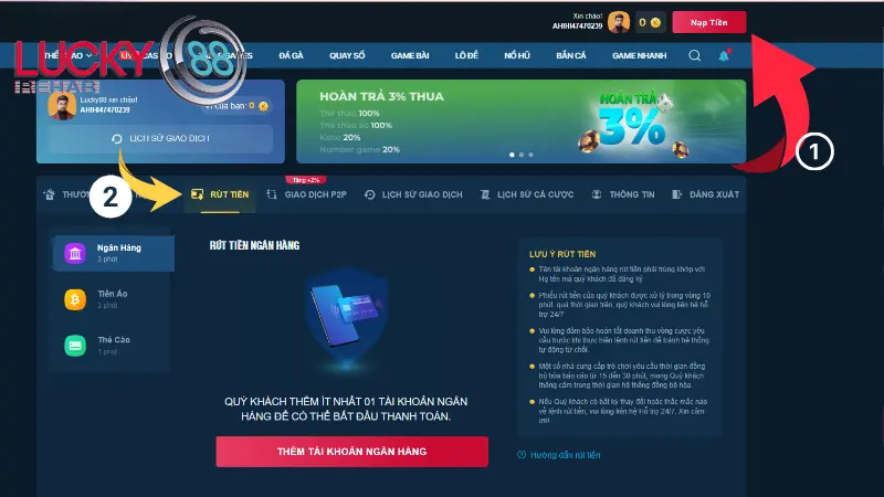 Hướng dẫn chung cách rút tiền Lucky88